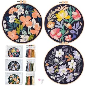 Myfelicity Embroidery Kit, Set of 3 Decorative Hoops with Black Background, Colorful Flower Patterns