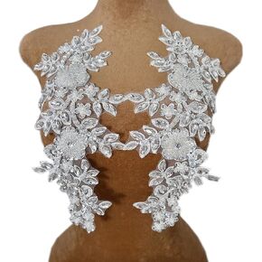 Beaded Clothing Applique and Patches with Crystals Rhinestone Embroidered Trim Sewing for Dress Clothes Gown Prom DIY Manual Accessories 1 Pair (White)