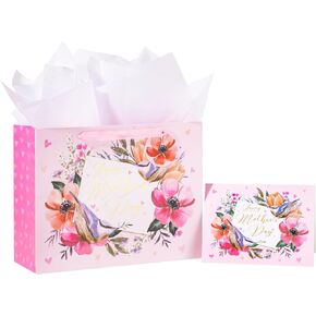 Loveinside Mother's Day Floral Gift Bag, Pink Flower and Butterfly Design, Medium Size Bag with Tissue Paper, Tag, Greeting Card, Ideal for for Mother's Day Celebration, 13" x 5" x 10", 1 Pcs
