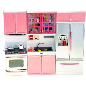 مجموعة لعب Powertrc Doll Kitchen ، Mini Modern Toy Pink Kitchen Play Play Furnitures Toy Set Set Setsories with with Wresistic Light & Sound for Kids Choilers Girls (3 in-1)