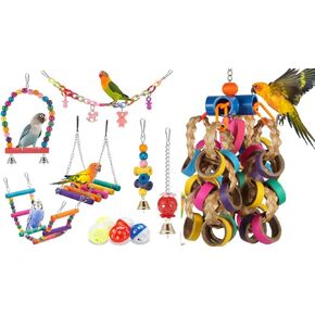 Parakeet Toys,Swing Hanging Standing Chewing Toy Hammock Climbing Ladder Bird Cage Colorful Toys Bird Parrot Foraging Shredder 24 Pcs Colorful Bagel Chewy Rings