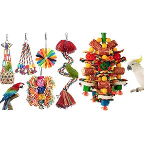 Parrot Toys for Large Birds,Natural Corn cob and Loofah Slices Bird chew Toys Bird Rope Perch with Bell Colorful Bird Chewing Shredding Foraging Toys