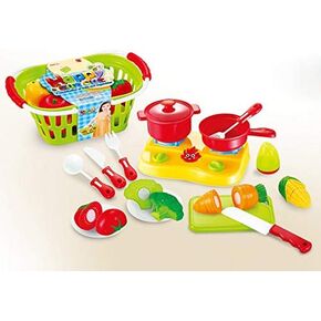 Powertrc Kitchen Cutting Food PlaySet للأطفال | يشمل الخضروات والفواكه وأدوات الطهي والأكل | يأتي مع سلة تخزين محمولة