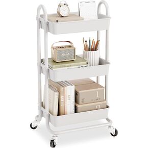 KINGRACK 3-Tier Rolling Utility Cart with Lockable Wheels, Heavy Duty Carbon Steel Storage Trolley, Multipurpose Organizer for Nursery, Bathroom, Kitchen & Office, Green