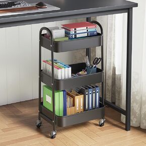 3 Tier Rolling Cart, Metal Under Desk Utility Carts, 25 "Height Rolling Storage Cart with Lockable Wheels & Hanging Cups & Hooks, Space-Saving Mobile Trolley Cart for Office, Baby Diaper, Bathroom