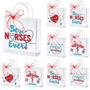 Hosuly 24 Pcs Nurse Clear Plastic Gift Bags with Handles Reusable Red Ribbon PVC Tote Bags Nursing Appreciation Gifts for Nurse Day Week Doctors Healthcare Hospital Worker Party 7.8 x 7.8 x 3.1 Inch