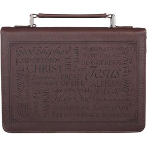 Christian Art Gifts Classic Premium Vegan Leather Inspirational Bible Cover for Men & Women: Names of Jesus, Encouraging Heat-Debossed Scripture, Sturdy Carry Case, Pen Loops, Pockets, Brown, Medium