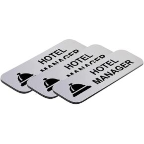 Hotel Manager (Bell) 1 x 3" Name Tag/Badge, Silver, (3 Pack)