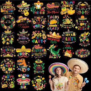 Fuutreo 30 Sheets Mexico Iron على شارات للملابس ملصقات نقل الحرارة المكسيكية Cinco de Mayo الحديد على بقع الملونة Taco Sombrero heads for clothing tirts الوسادة DIY