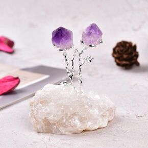 AMOYSTONE Natural Geode Agate Tree on Pyrite Base Crystals Money Tree Luck Figurine White Crystal Flower Pyrite Ornament 3-4" Tall