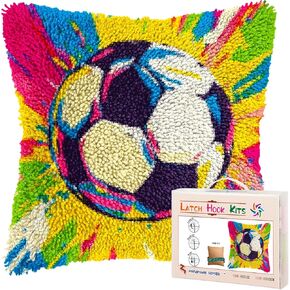 Colored Soccer DIY Latch Hook Pillow Kits for Adults Printed Pillowcase Crochet Yarns Hooking Handmade Pillow Cover Cushion for Home Sofa Decoration 17x17inch