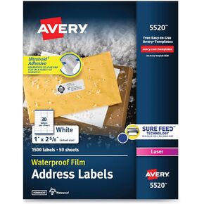 Avery 5520 WTHROPRAINAL LABELS ، عنوان ، 1 بوصة x2-5/8 بوصة ، 1500/pk ، نحن
