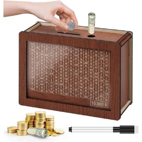 10000 Savings Box, Cashbox Kakeibo Money Saving Box, Money Saver Box with Counter for 5000 3000 2000 1000 500 Dollar Target Cash Saving Challenge, Wooden Coin Bank, Piggy Bank for Adult (Dark Black)
