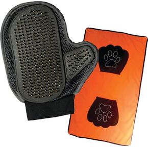 Pet Grooming Mitt and Payel Set - Deshedding Glove للكلاب والقطط - التدليك وإزالة شعر الحيوانات الأليفة - مثالية للكلاب والقطط الصغيرة إلى المتوسطة