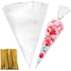 حقيبة مخروطية 100 PCs Cello Cello أكياس تعامل أكياس الفشار 7 من 15 بوصة مثلث حقائب Goody مع تويست علاقات للحلوى ملفات تعريف الارتباط المصنوعة يدويًا (100 كبير)