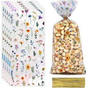 Totelux Wildflower Cellophane Goodie Bags Clear Plastic Bag Floral Treat Bags with Ties for Cookies Candy Gift Wrapping Baby Shower Bridal Wedding Birthday Party Favor Supplies 50PCS