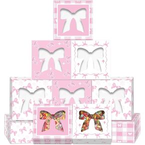 JREMREO 12 Pack 4x4x2.6 بوصة صناديق القوس الشريط الوردي مع النافذة ، منقوشة كرافت من الورق المقوى Cupcake حلوى الصناديق لعيد ميلاد الفتاة ، استحمام الطفل ، حفل زفاف ، حفلات على طراز Coquette