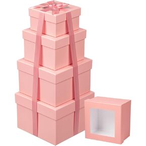 Oairse Square Gift Boxes with Lids - Set of 4 White Gift Boxes with Clear Window for Presents, Flower Arrangements, Valentine's Day, Mother's Day