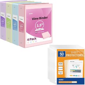 حزمة Sunee Binder & Sheet Protector ، 4pcs 1.5in 3 صندسة و 50pcs حماة ورقة واضحة ، 8.5x11