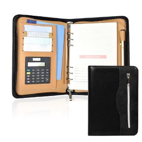 Lemical Zipper Leather Journal Refillable Binder Notebook 160 Pages Portfolio Padfolio with Calculator & Card Slot & Pen Holder Notepad Business Travel Diary Office School Supplies (Black)
