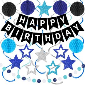 زخارف حفلة عيد ميلاد زرقاء مع لافتة عيد ميلاد سعيد ، 6 كرات قرص العسل ، 8 نجوم معلقة دوامة اللافت