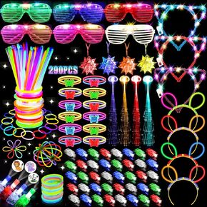 Jojujb 290pcs توهج في مستلزمات الحفلات المظلمة للأطفال البالغين ، وفضلات الحفلات الفاتحة مع نظارات ألعاب خفيفة ، 100 عصي توهج حزمة الحفلات DIY الوهج ، والأساور