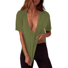 Womens Plunge Deep V Neck T Shirts Summer Casual Short Sleeve Tee Tops in Saudi Arabia
