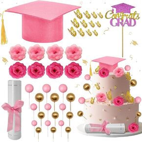 شملت طقم كعكة التخرج Cap Treguation Cap Diploma تهانينا Grad Cupcake Topcake Ball Cake Topper Butterly Flower Flowers Decorations for Class of 2025 Graduation Party (Blue)