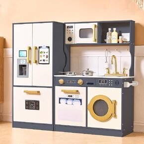 Kids Kitch Kitchen Playset مع تصميم واقعي ومطبخ فاخر مع خزائن تخزين ممتدة ومطبخ ألعاب للأطفال الصغار مع عداد القهوة وملحقات أدوات الطهي والفرن والميكروويف (الأبيض والأسود)