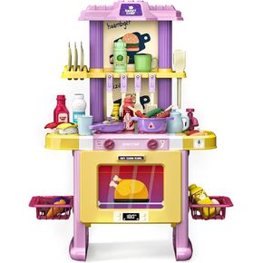 Kids Kitchen Playset, 48PCS Kitchen Accessories Toys, Pink Play Kitchen, with Realistic Design, Sound, Lights & Smoke, Pretend Kitchen Toy Set Gifts for 3 4 5 6 7 8+ Year Old Girls & Boys