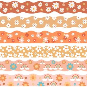 Seajan 6 Pcs 197ft Daisy Bulletin Board Borders Boho Groovy Bulletin Board Borders Floral Rainbow Clouds Bulletin Board Borders Decorations Trim Stickers for Office DIY