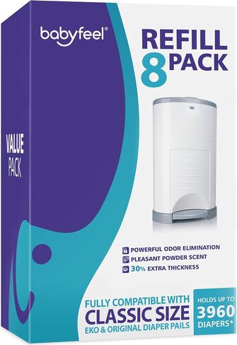 Babyfeel Refills Compatible with DEKOR CLASSIC Diaper Pails | 8 Pack | Exclusive 30% Extra Thickness | Diaper Pail Refills with Powerful Odor Elimination | Powder Scent | Holds up to 3960 Diapers in Kuwait