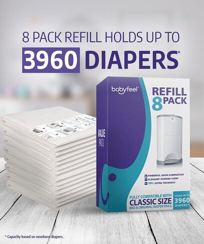 Babyfeel Refills Compatible with DEKOR CLASSIC Diaper Pails | 8 Pack | Exclusive 30% Extra Thickness | Diaper Pail Refills with Powerful Odor Elimination | Powder Scent | Holds up to 3960 Diapers in Kuwait