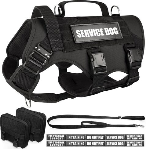 WINSEE Tactical Dog Harness with Dog Leash, Service Working MOLLE Vest with 10 Pet Patches for Medium Dog, No Pull Military Harness and Backpack for Training Hunting Walking in Saudi Arabia