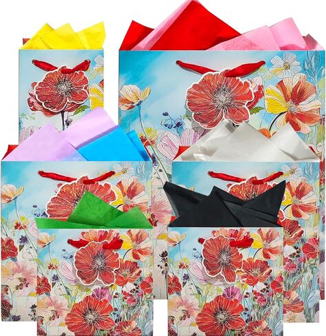 6 Pack Purple Flowers Pattern Embossed Paper Gift Bag with Handles, Assorted Paper Bags with 8 Pcs Tissue Paper for Girls/Women Baby Shower, Celebrations,Birthday, Wedding and Any Occasions in Saudi Arabia