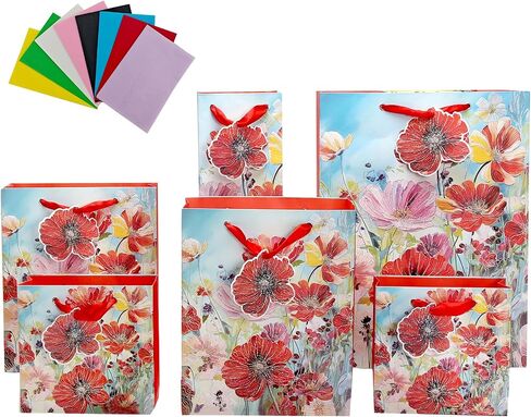 6 Pack Purple Flowers Pattern Embossed Paper Gift Bag with Handles, Assorted Paper Bags with 8 Pcs Tissue Paper for Girls/Women Baby Shower, Celebrations,Birthday, Wedding and Any Occasions in Saudi Arabia