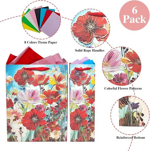 6 Pack Purple Flowers Pattern Embossed Paper Gift Bag with Handles, Assorted Paper Bags with 8 Pcs Tissue Paper for Girls/Women Baby Shower, Celebrations,Birthday, Wedding and Any Occasions in Saudi Arabia