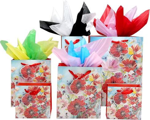 6 Pack Purple Flowers Pattern Embossed Paper Gift Bag with Handles, Assorted Paper Bags with 8 Pcs Tissue Paper for Girls/Women Baby Shower, Celebrations,Birthday, Wedding and Any Occasions in Saudi Arabia