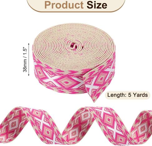 uxcell 5 Yards Cotton Webbing Strap, 1.5-inch(38mm) Jacquard Webbing Ribbon Embroidery Polyester Webbing Straps Purse Strap Belt for Purse Bag Crafts Clothing, Rose Pink-White in Kuwait