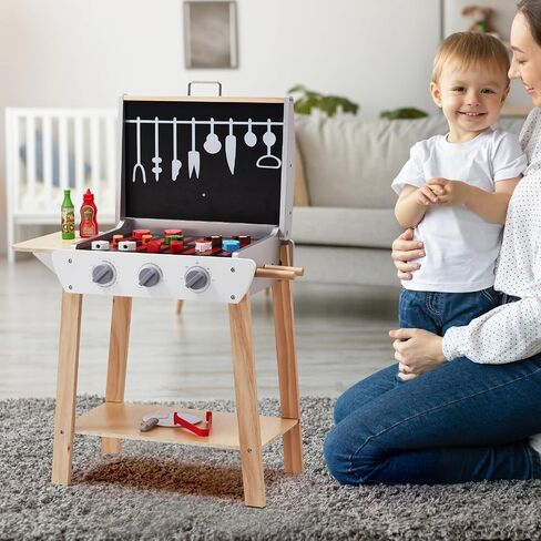 VEVOR Wooden Play Barbecue Toy Grill, Kids Grill Playset with Play Food and Grilling Tools, Wooden Play Food Kitchen Accessory (21 PCS), Pretend Play Cooking Toy for Toddlers Boys Girls Age 3+ Gift in Saudi Arabia