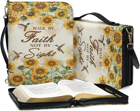 Talayituse Cross Sunflower Hummingbird Pattern Bible Covers for Women Men, Walk By Faith PU Leather Bible Tote Bags Bible Holder Cover with Shoulder Strap, Bible Carrying Case with Handle, 2XL in Kuwait