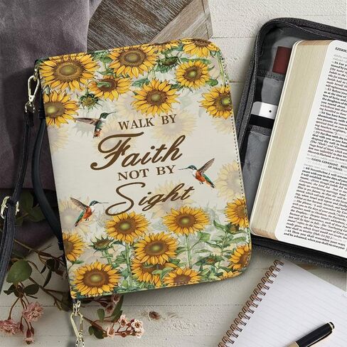 Talayituse Cross Sunflower Hummingbird Pattern Bible Covers for Women Men, Walk By Faith PU Leather Bible Tote Bags Bible Holder Cover with Shoulder Strap, Bible Carrying Case with Handle, 2XL in Kuwait