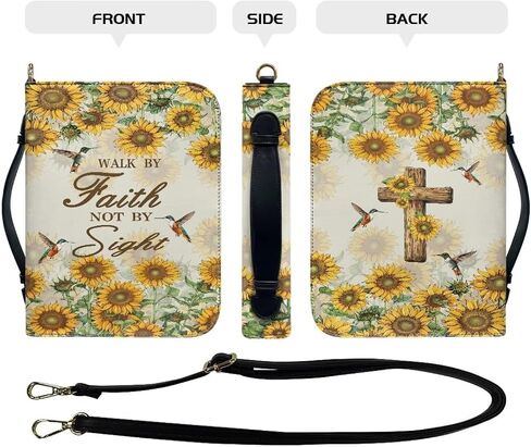 Talayituse Cross Sunflower Hummingbird Pattern Bible Covers for Women Men, Walk By Faith PU Leather Bible Tote Bags Bible Holder Cover with Shoulder Strap, Bible Carrying Case with Handle, 2XL in Kuwait