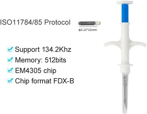 Animal Microchip Pet EM4305 Microchip 134.2KHz FDX-B 20 Pack Animal ID Chip Syringe International Standard (1.25x7mm 20 Pack) in Kuwait