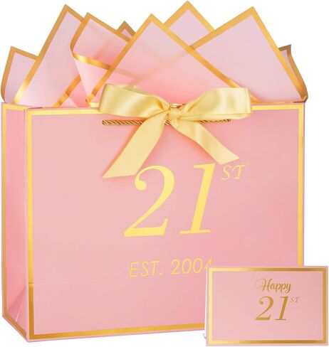 momoake 21st Birthday Gift Bag with Card and Tissue Paper for Women/Her, 2004 21 Year Old 13" Elegant Pink Gold Anniversary Keepsake Party Present Shopping Paper Bags for 21st Birthday Decorations in Saudi Arabia