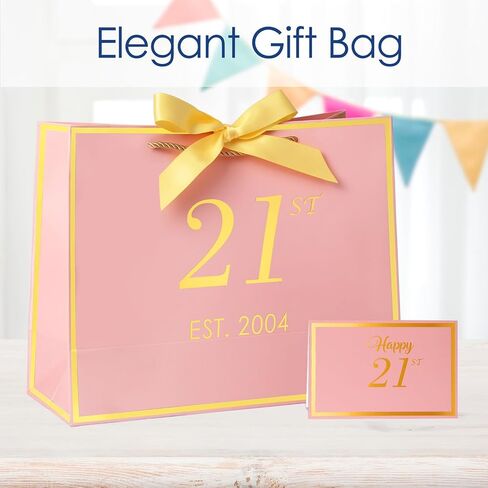 momoake 21st Birthday Gift Bag with Card and Tissue Paper for Women/Her, 2004 21 Year Old 13" Elegant Pink Gold Anniversary Keepsake Party Present Shopping Paper Bags for 21st Birthday Decorations in Saudi Arabia