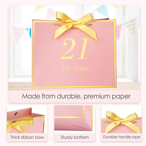momoake 21st Birthday Gift Bag with Card and Tissue Paper for Women/Her, 2004 21 Year Old 13" Elegant Pink Gold Anniversary Keepsake Party Present Shopping Paper Bags for 21st Birthday Decorations in Saudi Arabia