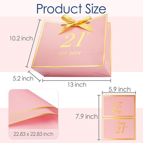 momoake 21st Birthday Gift Bag with Card and Tissue Paper for Women/Her, 2004 21 Year Old 13" Elegant Pink Gold Anniversary Keepsake Party Present Shopping Paper Bags for 21st Birthday Decorations in Saudi Arabia