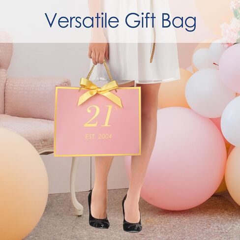 momoake 21st Birthday Gift Bag with Card and Tissue Paper for Women/Her, 2004 21 Year Old 13" Elegant Pink Gold Anniversary Keepsake Party Present Shopping Paper Bags for 21st Birthday Decorations in Saudi Arabia