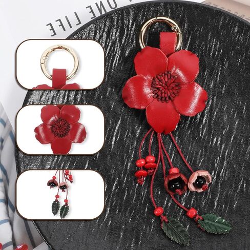 Leather Leaf Flower Tassel Keychain Leather Flower Cute Keychains Boho Accessories Tassel Leaf Key Ring for Women Wallet Bag Purse Pendant Charms in Saudi Arabia